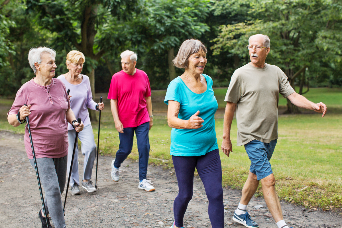 Group of older adults walking outdoors