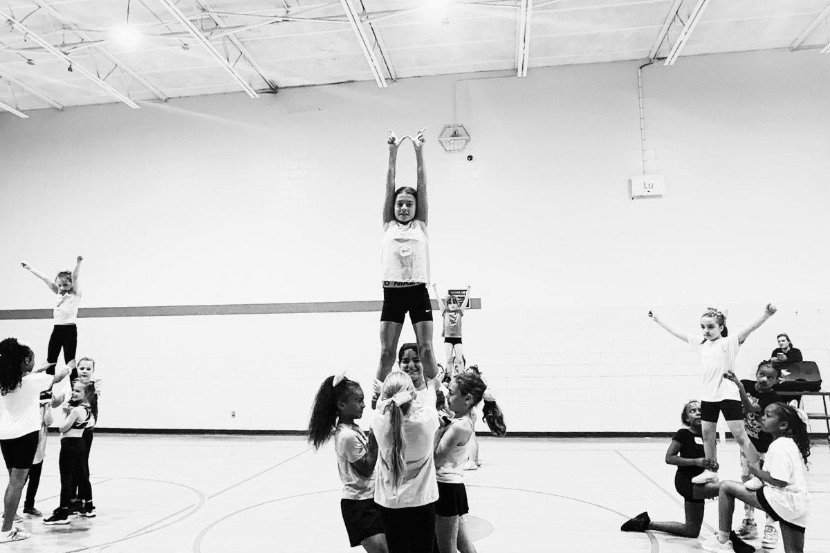Three cheer stunt groups posing for a photo