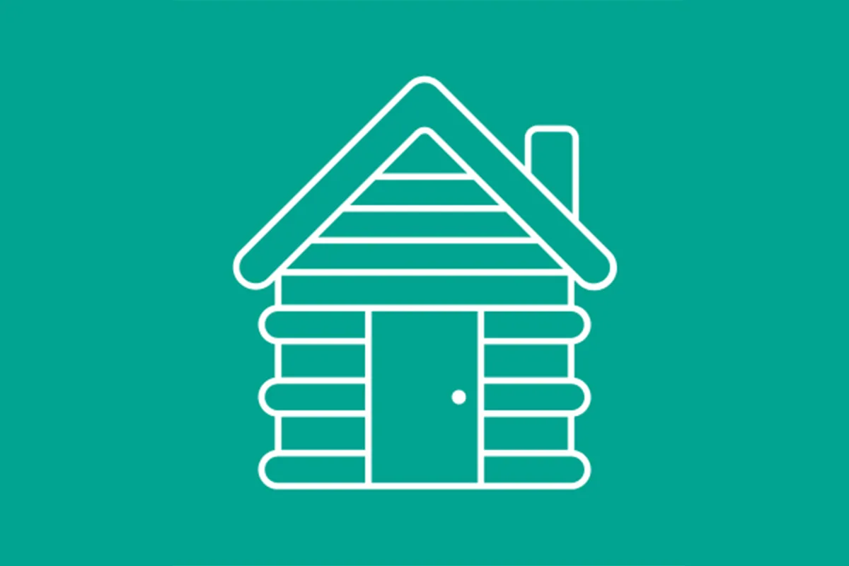 Icon of a log cabin with a chimney, shown in white outline on a teal background.