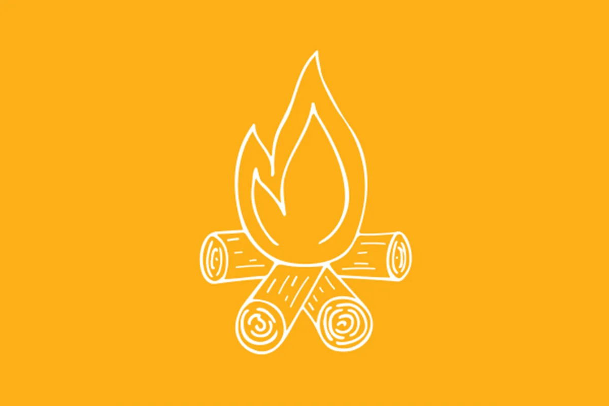 Icon of a campfire with logs and flames, shown in white outline on an orange background.