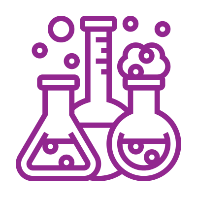 Icon of science beakers and flasks with bubbles, representing experiments or chemistry.