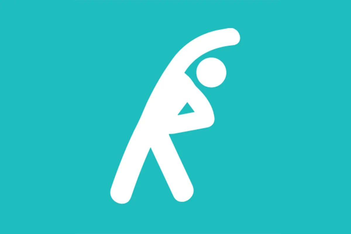 Icon of person stretching arm over head on turquoise background.