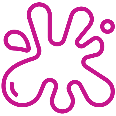 Pink splatter icon in a playful, abstract shape with rounded edges, resembling paint or ink.