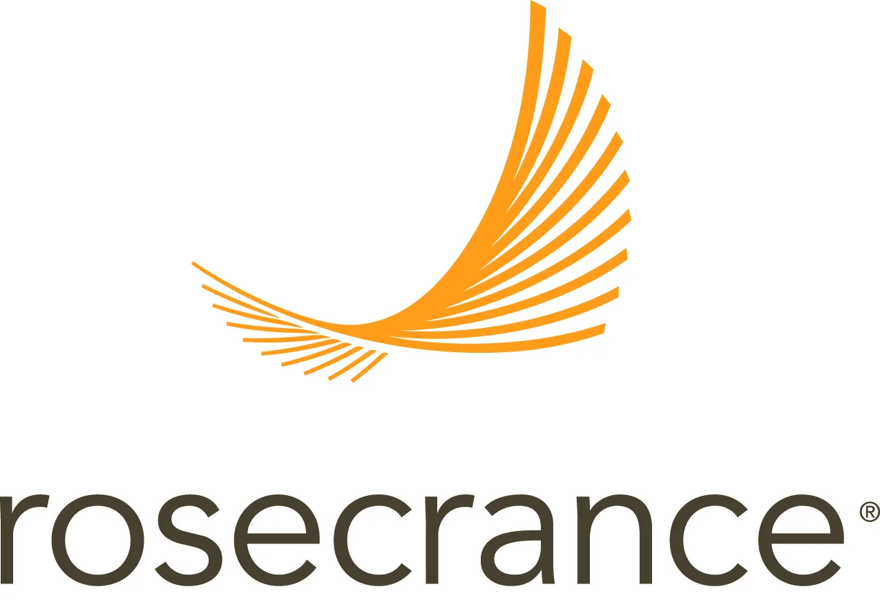 Rosecrance logo with orange curved lines forming an abstract wing above the company name in black text.