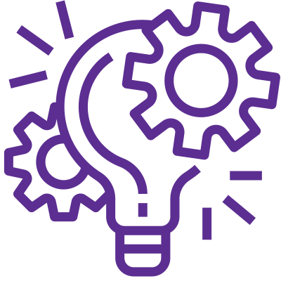 Icon of a lightbulb with two gears, symbolizing innovation and ideas, outlined in purple.