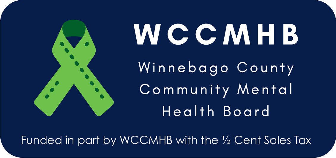 WCCMHB logo with green awareness ribbon, text reading 'Winnebago County Community Mental Health Board' on a dark blue background.