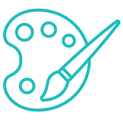 Icon of an artist's paint palette with a paintbrush, shown in teal outline.